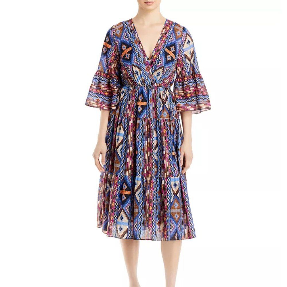 kobi Halperin | Blue Geometric Tribal Bell Sleeve Rosa Midi Dress Size Medium